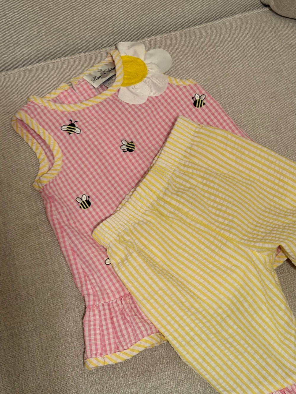 Rare Editions Pink Bee Sleeveless Pajama Top with Yellow Striped Shorts